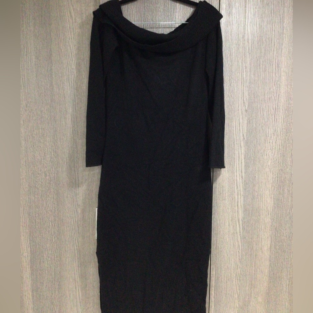 Classic Black Long-Sleeve Off-Shoulder Midi Dress